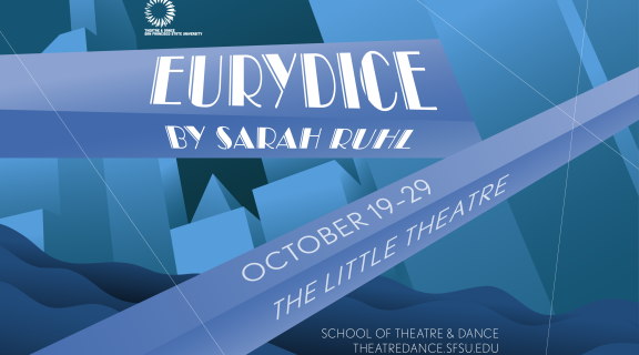 graphic in shades of blue depicting buildings and an arched bridge with water in the style of art deco absraction. White art deco text reads Eurydice by Sarah Ruhl, October 19-29 The Little Theatre, school of theatre & dance theatredance.sfsu.edu